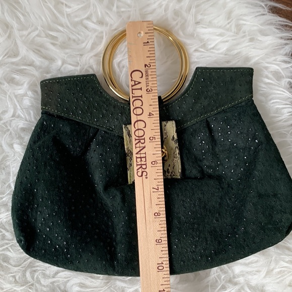 Vegan leather purse dark green w/goldtone “bracelet” ring handle; ostrich, snake - Picture 10 of 14